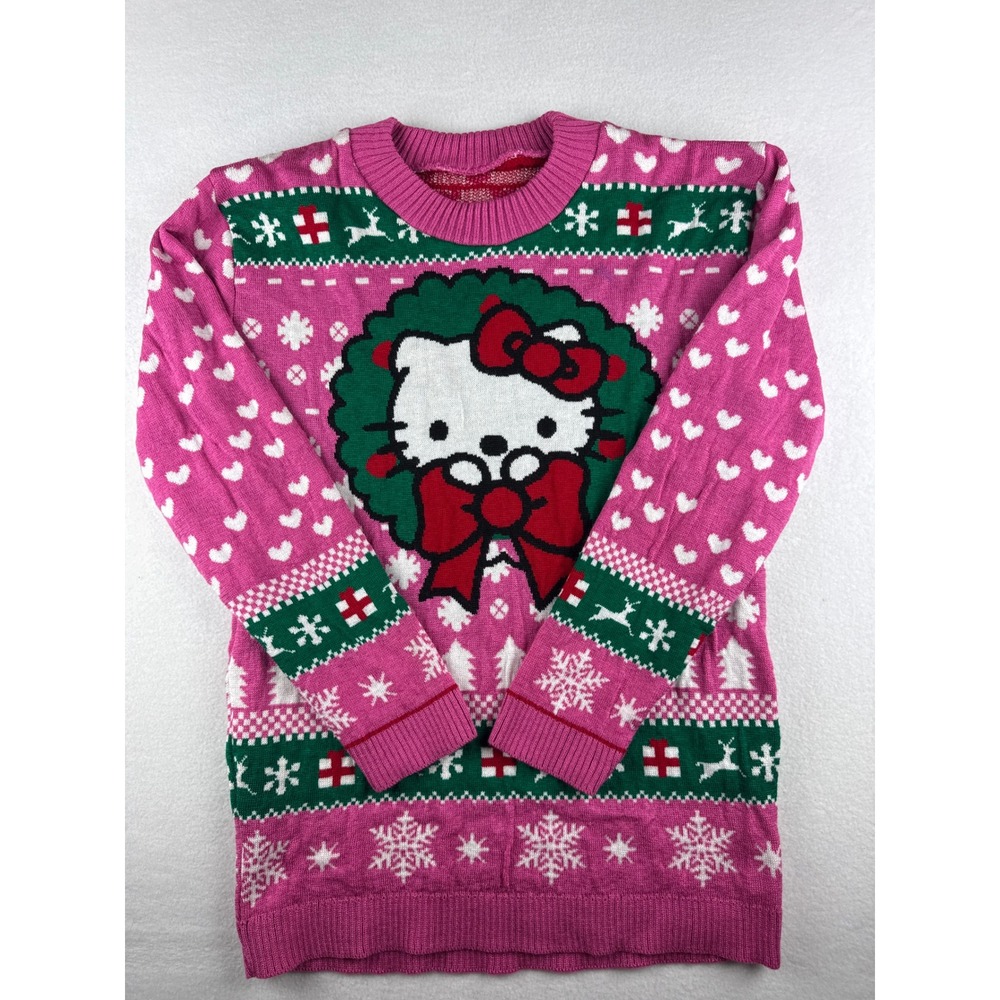 Hello Kitty Christmas Sweater Pink Fair Isle Wreath Reindeer Holiday Knit L